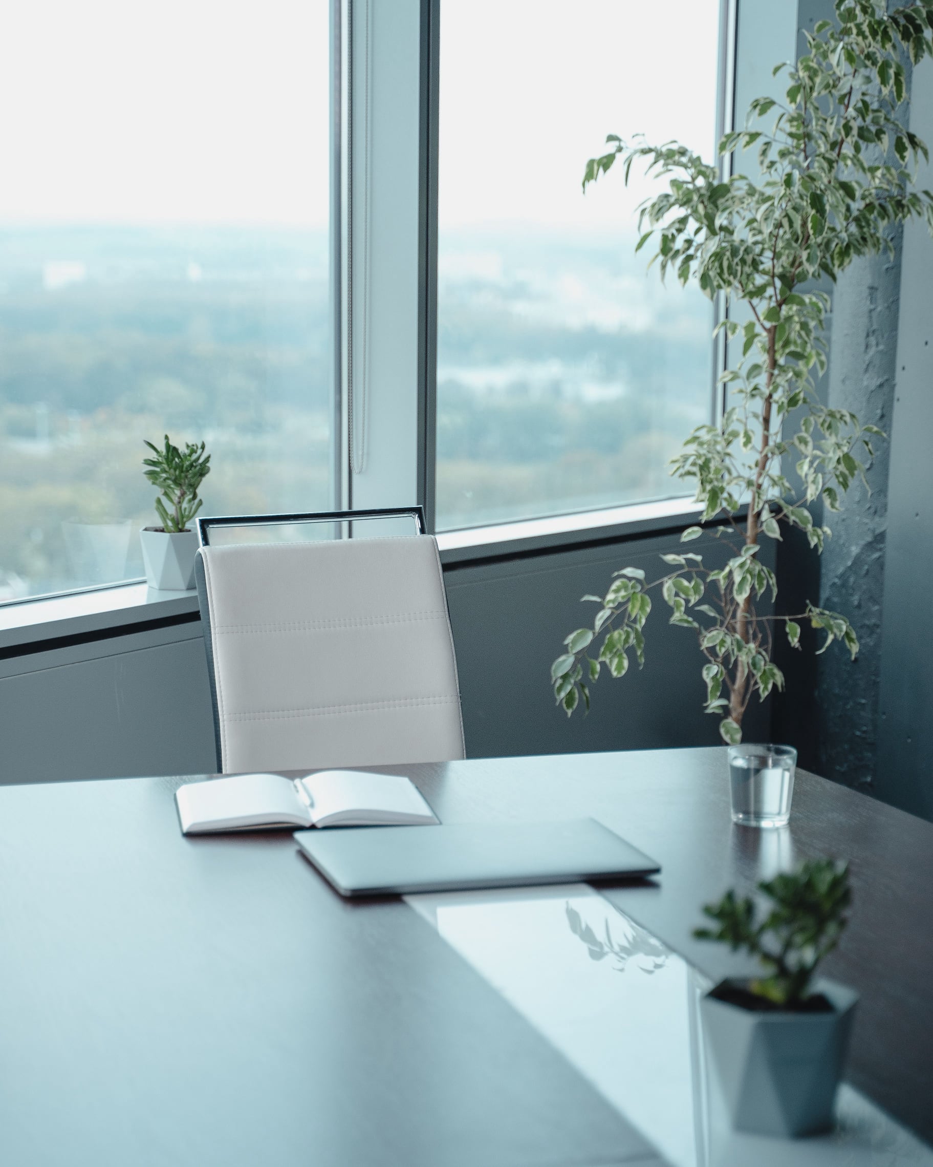 Bright office interior with desks beside large windows