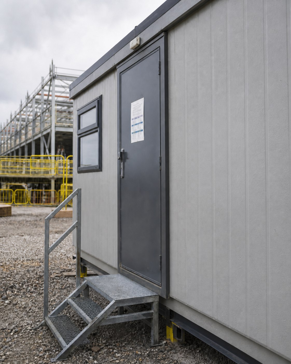 Construction site welfare cabin with safety equipment