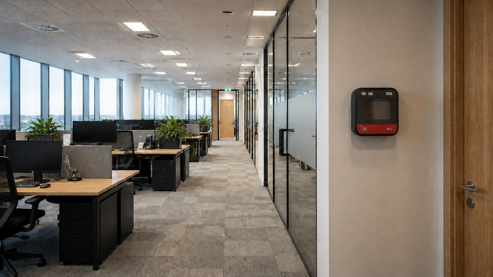 Defibrillator mounted on an office wall