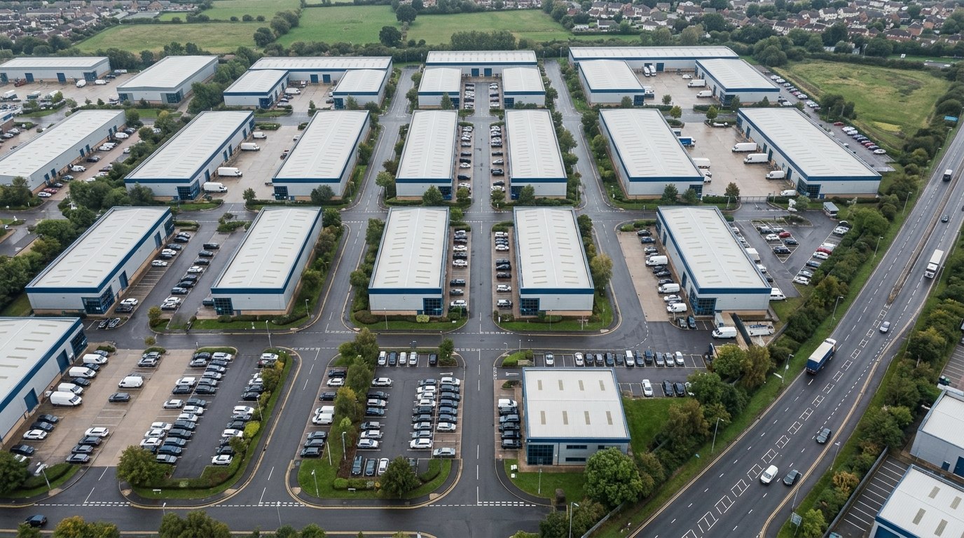 Aerial view of a business park with rows of warehouse units