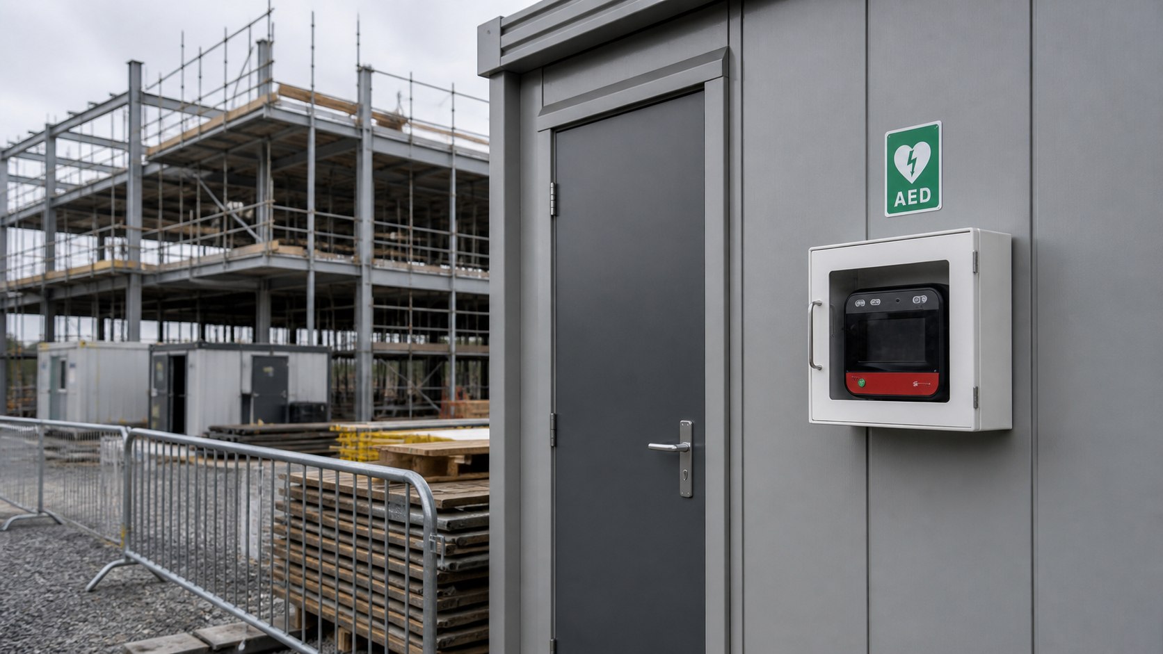 Defibrillator cabinet at a construction site welfare unit