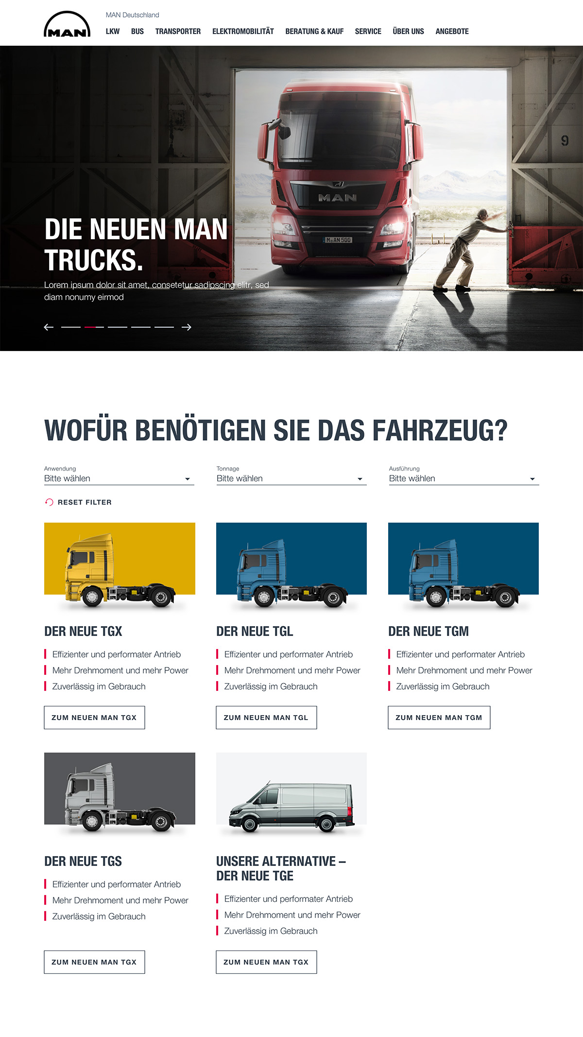 man.eu Website Übersicht Truck-Modelle