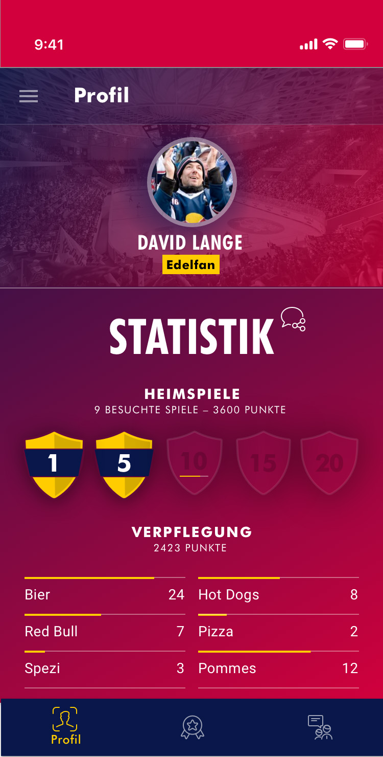 EHC Red Bull München - App Screen Fan-Profile Statistik
