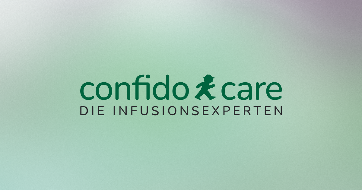 Logo von confido care mit dem Text Die Infusionsexperten auf grünem Verlaufshintergrund.