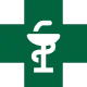 Grünes medizinisches Kreuz mit einem stilisierten Stethoskop in der Mitte.