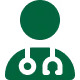 Grün stilisierte Figur mit Koffer und medizinischem Kreuz, Symbol für Pflege und Betreuung.