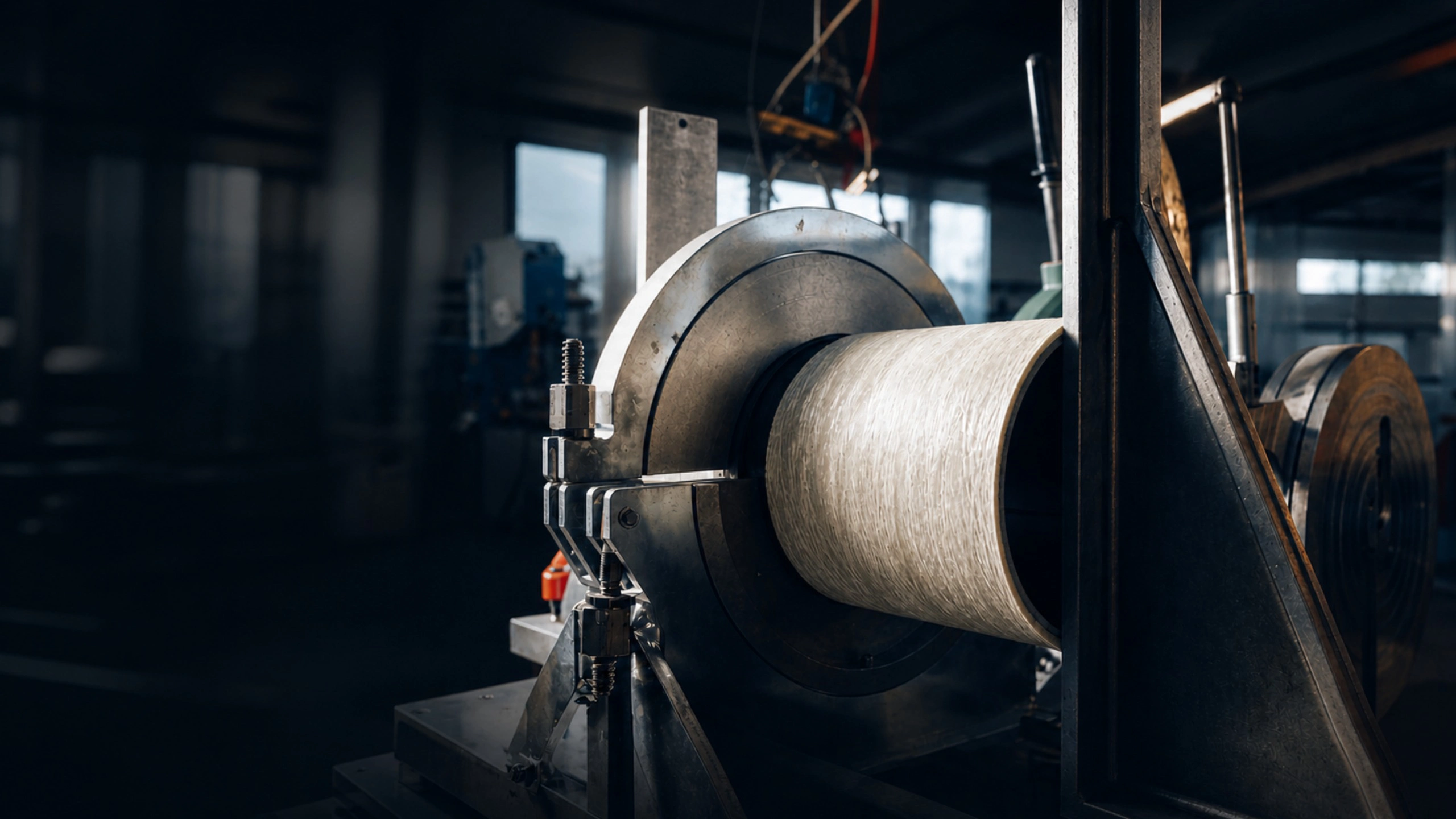 Produktionsmaschine mit zylindrischem Bauteil in der Produktionshalle.