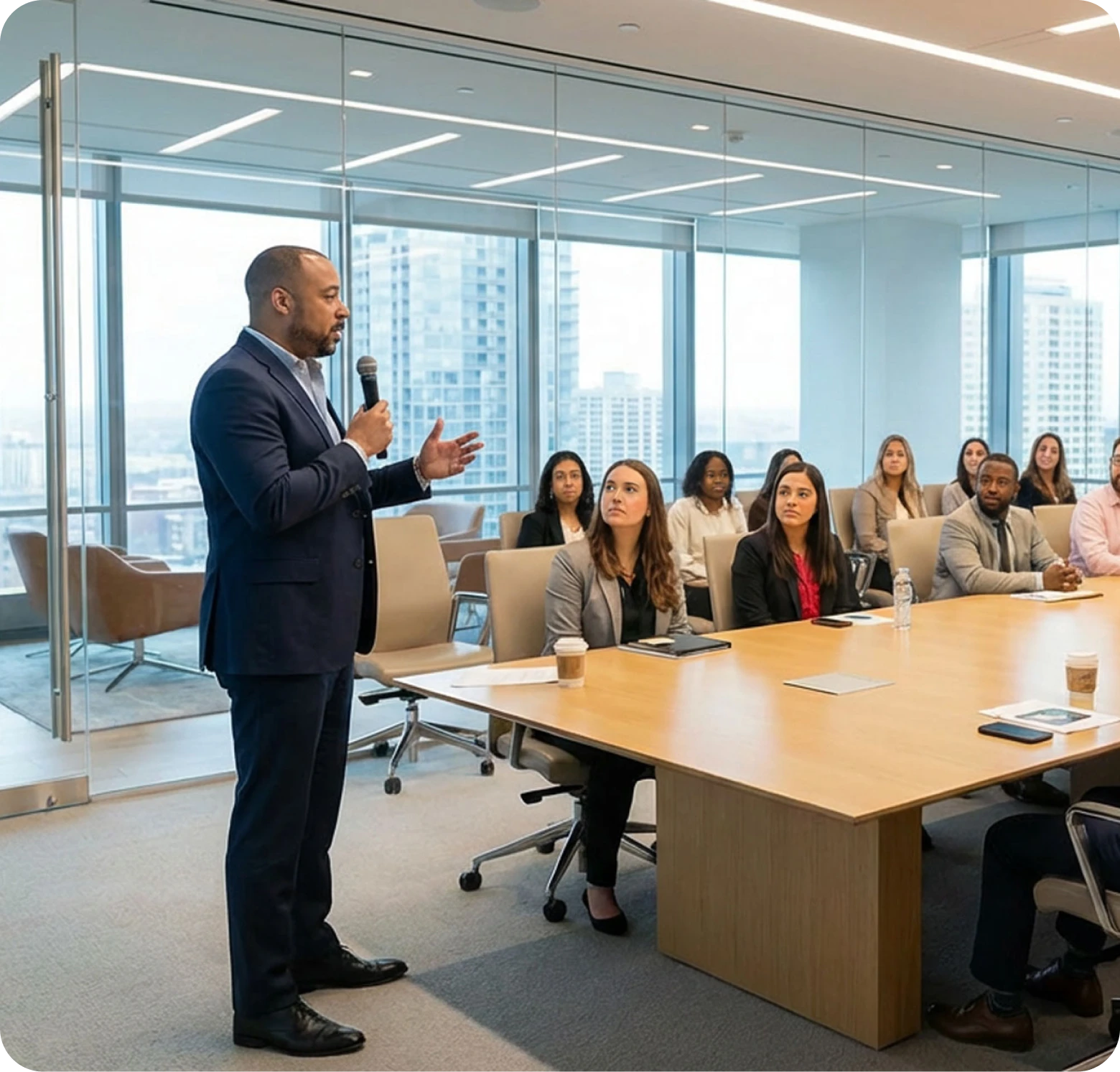 Grayscale photograph of a man giving a presentation to an audience in a modern office setting.