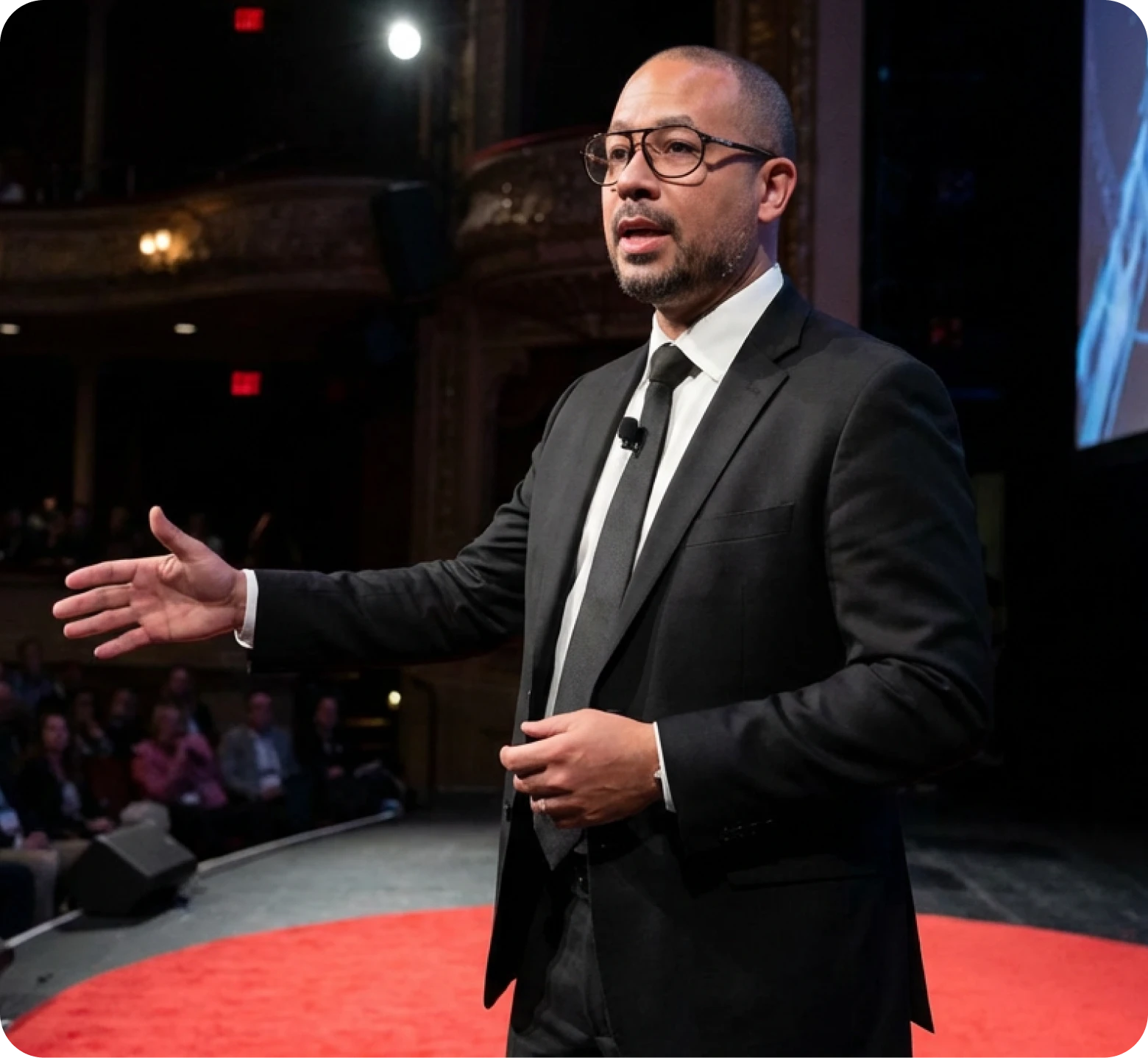Grayscale photograph of a professional giving a presentation on a stage.