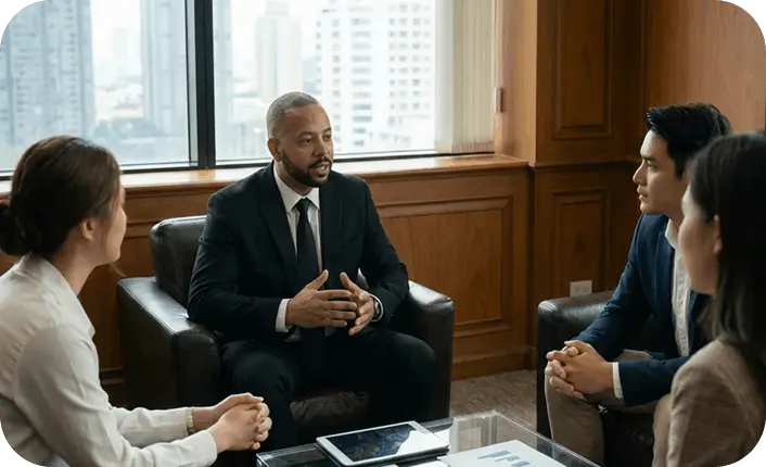 Grayscale photograph of a professional leading a meeting with a group of people in an office.