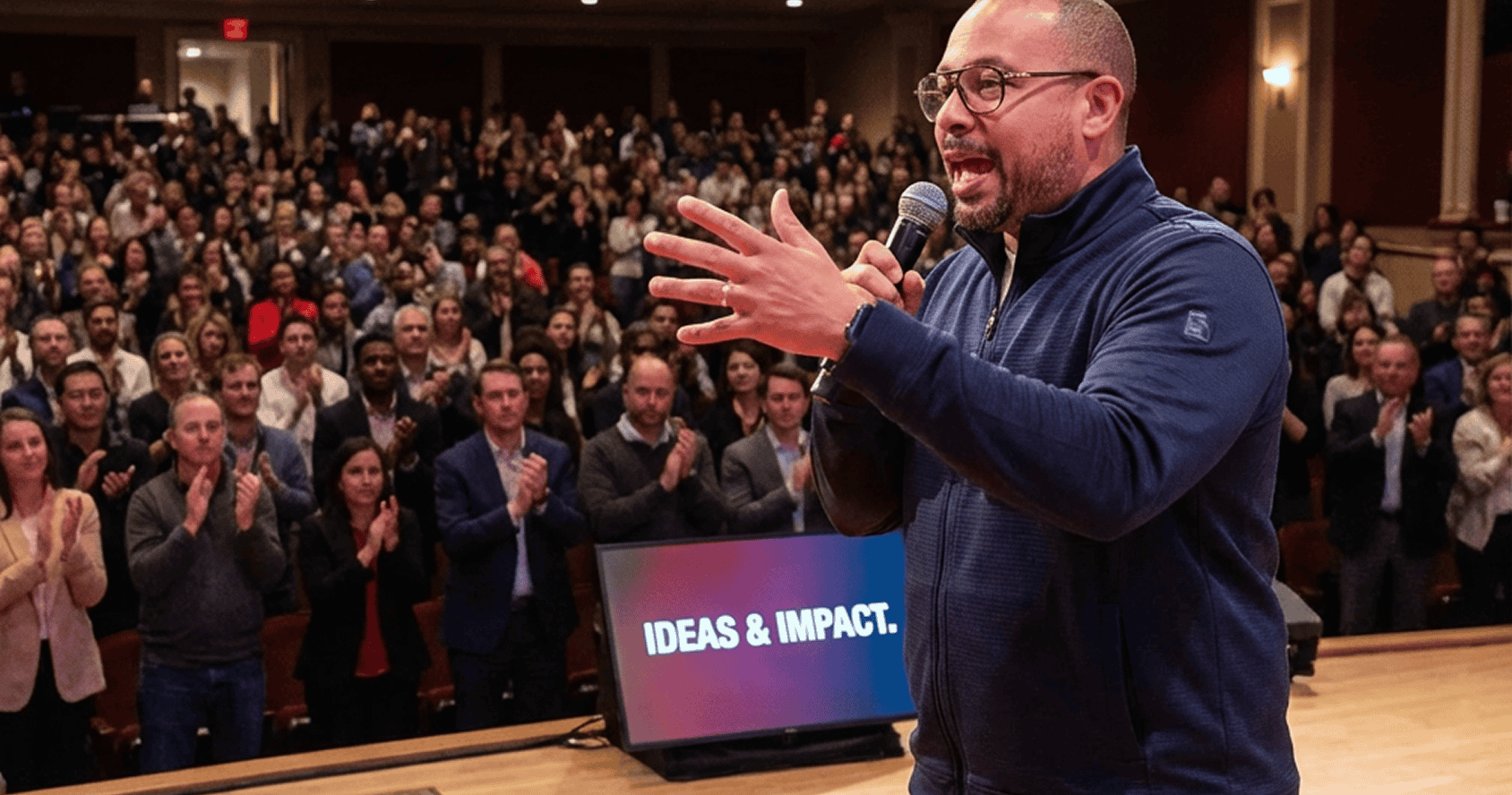 Grayscale photograph of a man speaking into a microphone in front of a large audience.