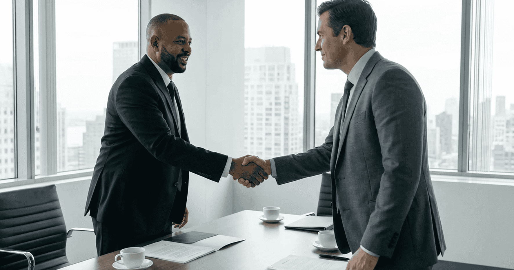 Grayscale photograph of two professionals shaking hands across a desk in an office setting.