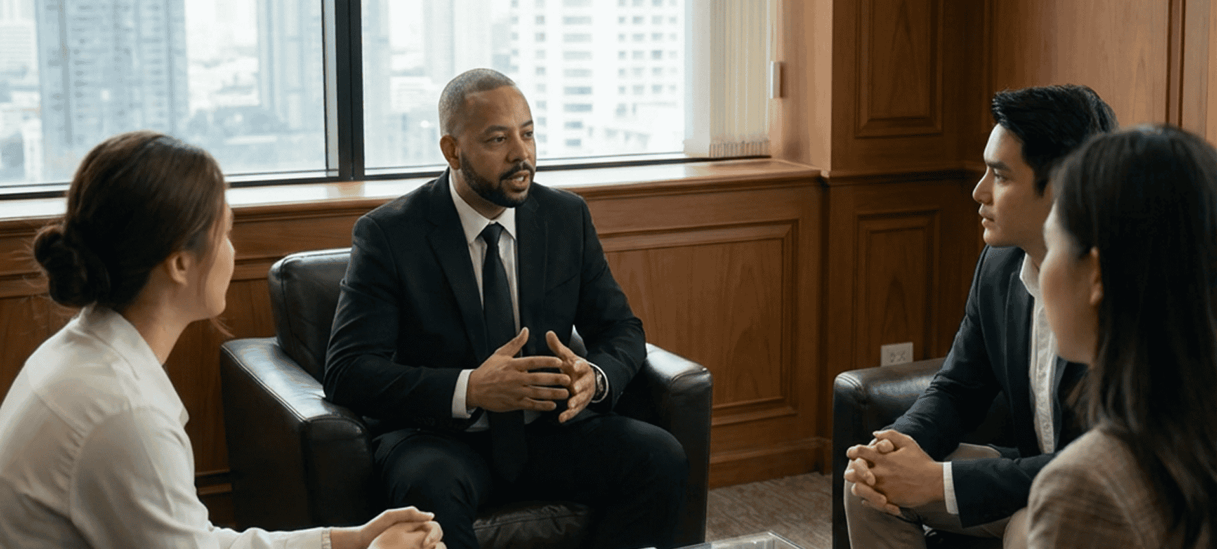Grayscale photograph of a professional leading a meeting with a group of people in an office.