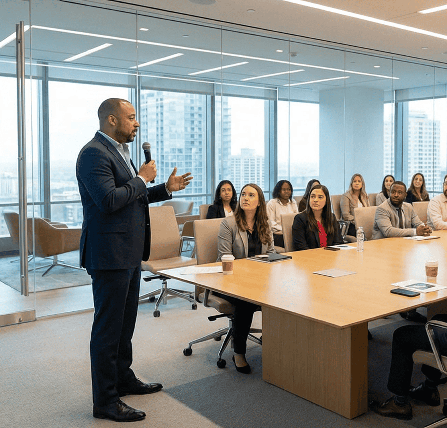 Grayscale photograph of a man giving a presentation to an audience in a modern office setting.