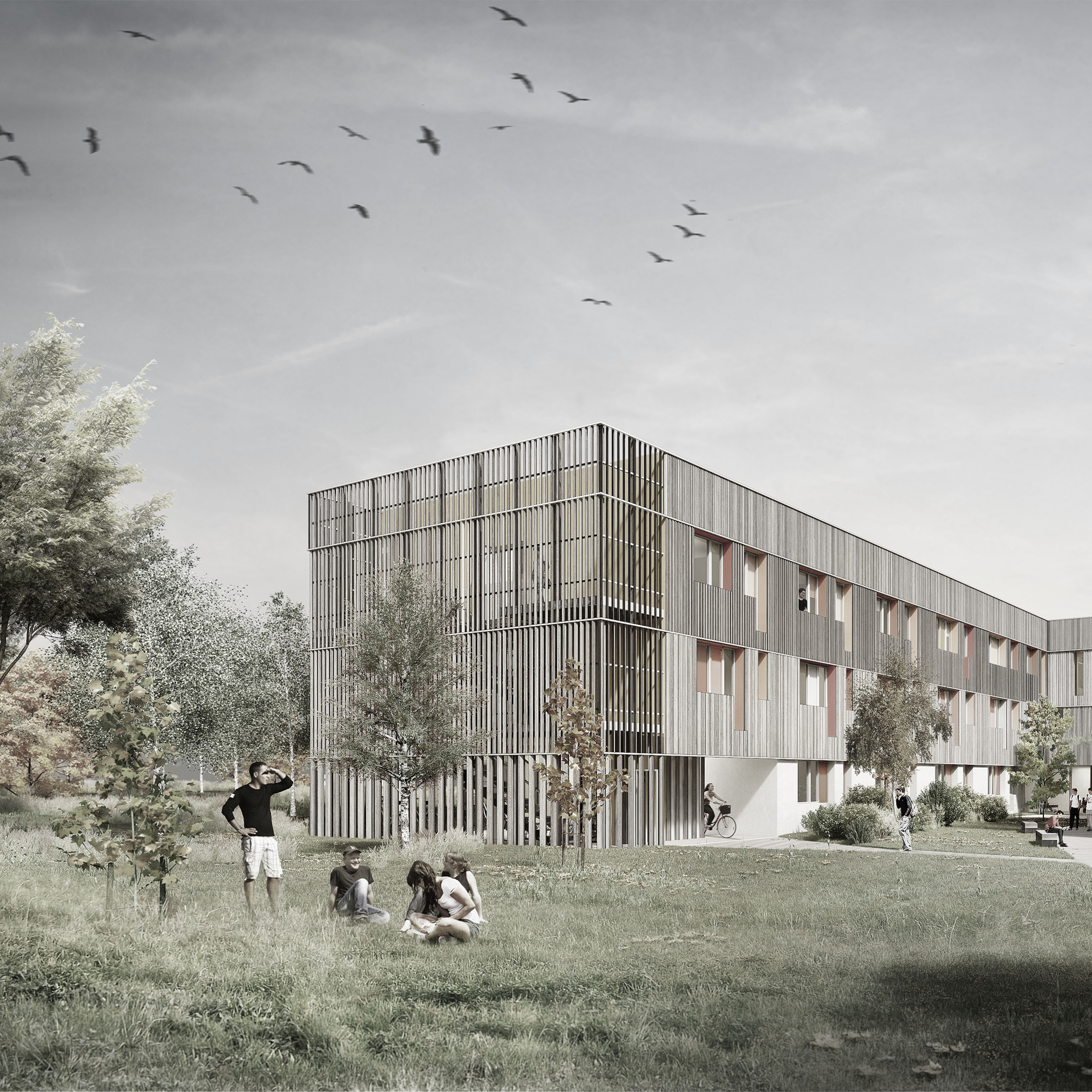 Modern building with vertical wooden slats, surrounded by trees and people walking and standing nearby.