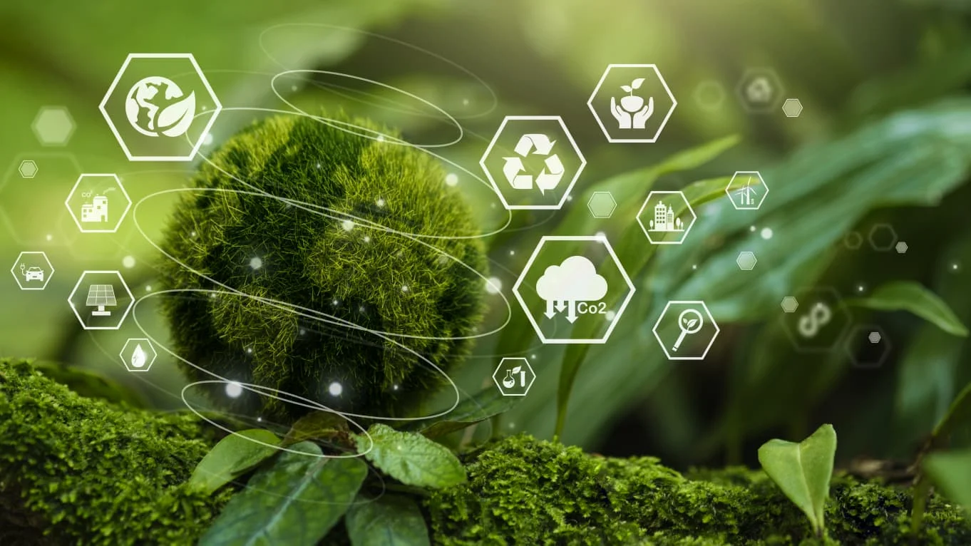Image de diverses icônes écologiques flottant autour d'une sphère verte moussue, symbolisant l'investissement dans la Cleantech pour soutenir les initiatives durables et les technologies propres.