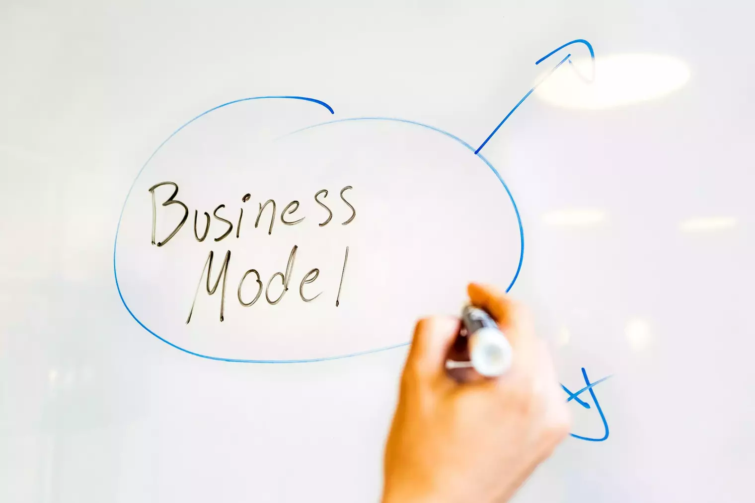 Business Model entouré sur un tableau veledas ou marqueur bleu