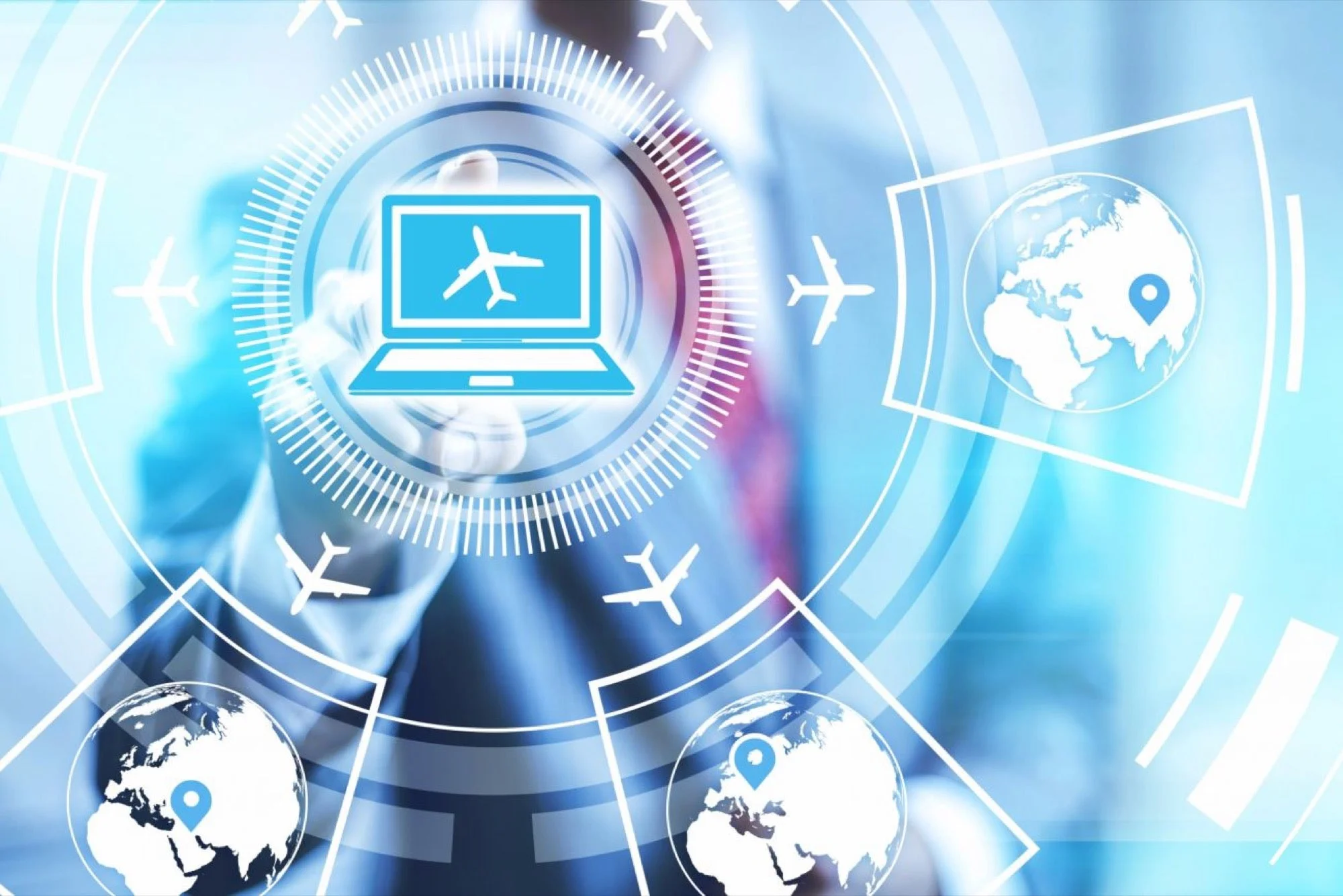 Image d'une main touchant une interface numérique avec l'icône d'un avion, représentant la technologie Traveltech et les opportunités d'investir dans les startups du secteur du voyage.