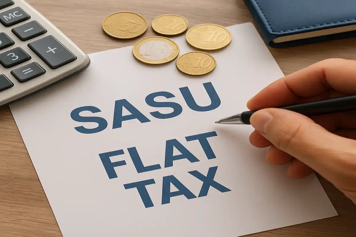 SASU Flat Tax écrit sur uen feuille entourée de pièces et d'une calculatrice sur une table