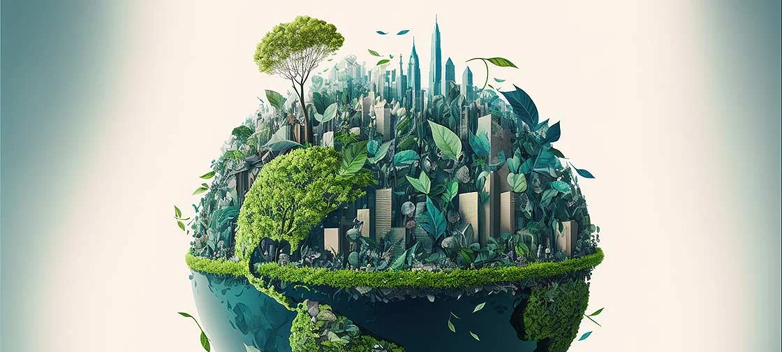 Une planète couverte de verdure et d'arbres avec une ville écologique en arrière-plan, symbolisant l'investissement durable.