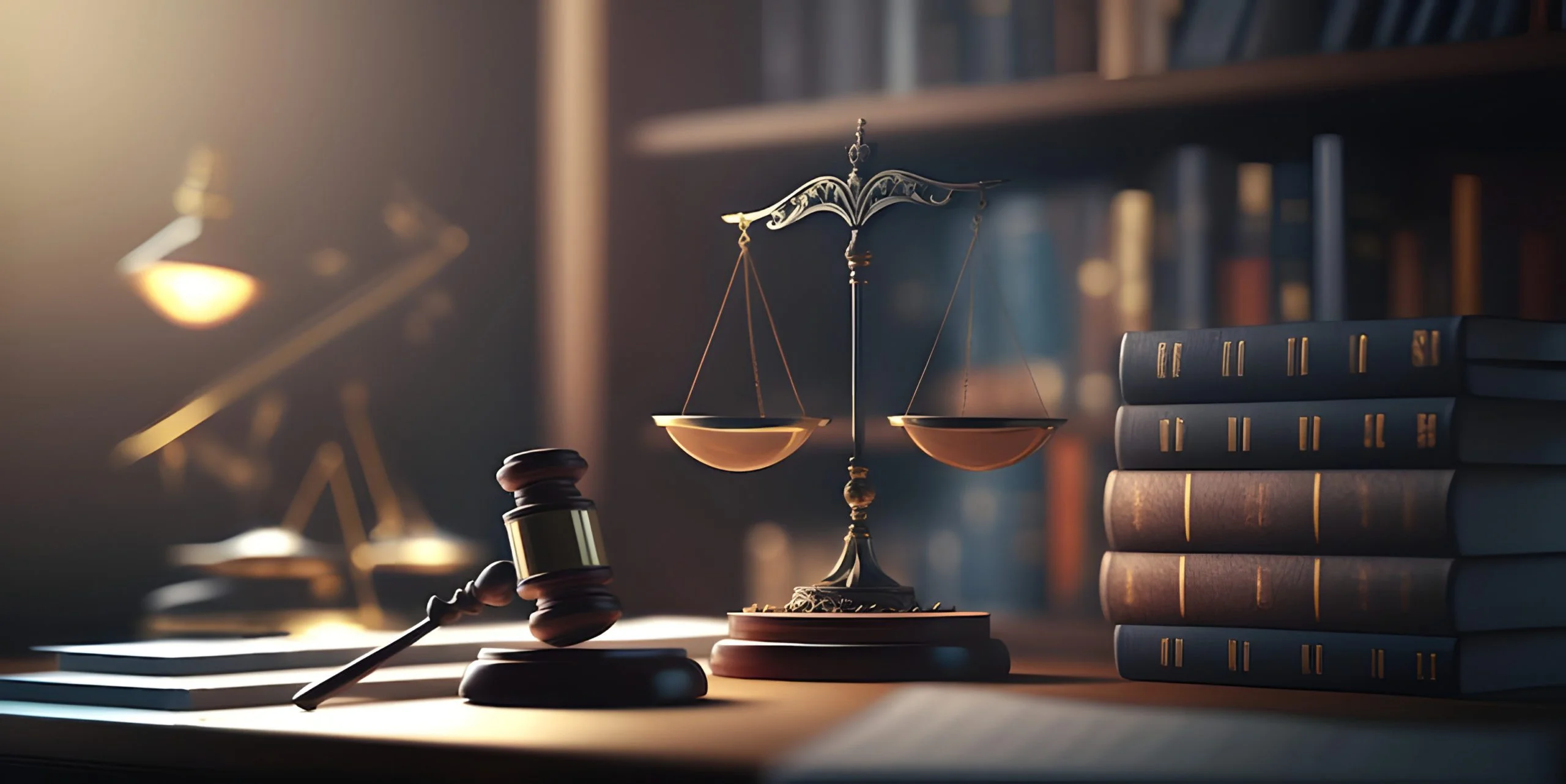 Une balance de justice et un marteau de juge posés sur un bureau, entourés de livres de droit, rappellent l'importance de la Loi Madelin pour les auto-entrepreneurs.
