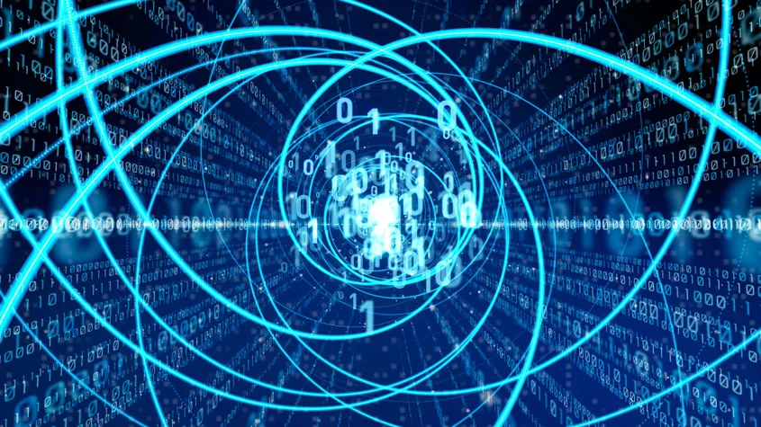 Des données numériques complexes circulent, illustrant l'innovation au sein d'une start-up deeptech en plein développement.