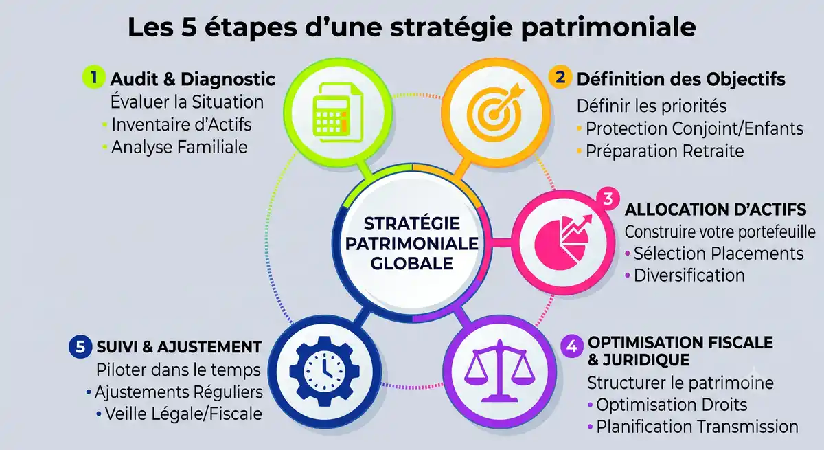 Schema avec les 5 étapes de la mise en place d'une stratégie patrimoniale.