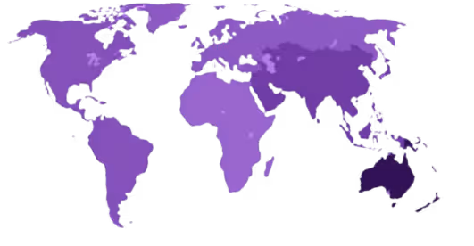 World map showing continents in varying shades of purple on a black background.