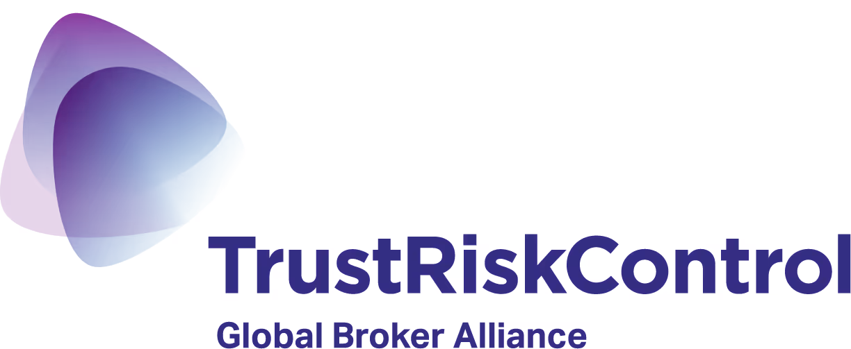 TrustRiskControl logo with overlapping purple and blue shapes and text 'TrustRiskControl Global Broker Alliance'.