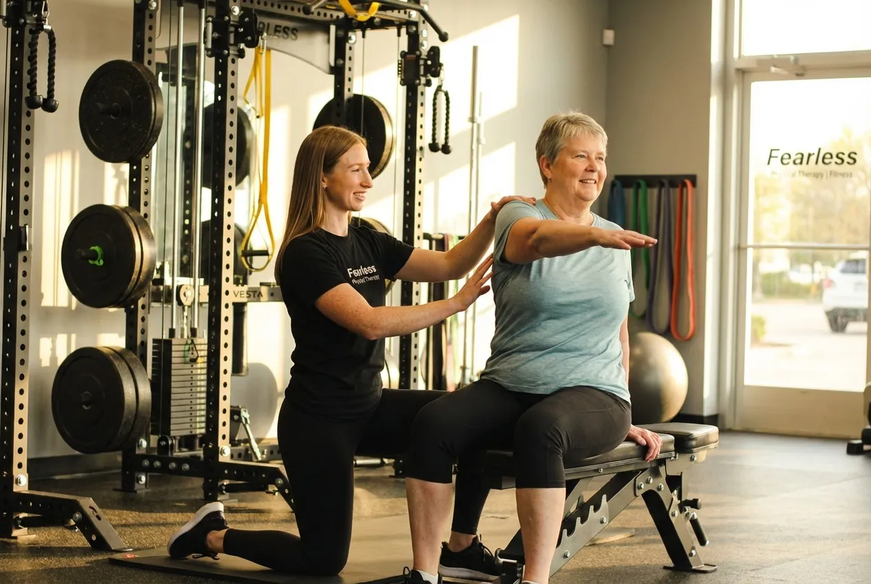 Patient working with a provider at a physical therapy clinic in Rogers demonstrating chronic pain relief techniques