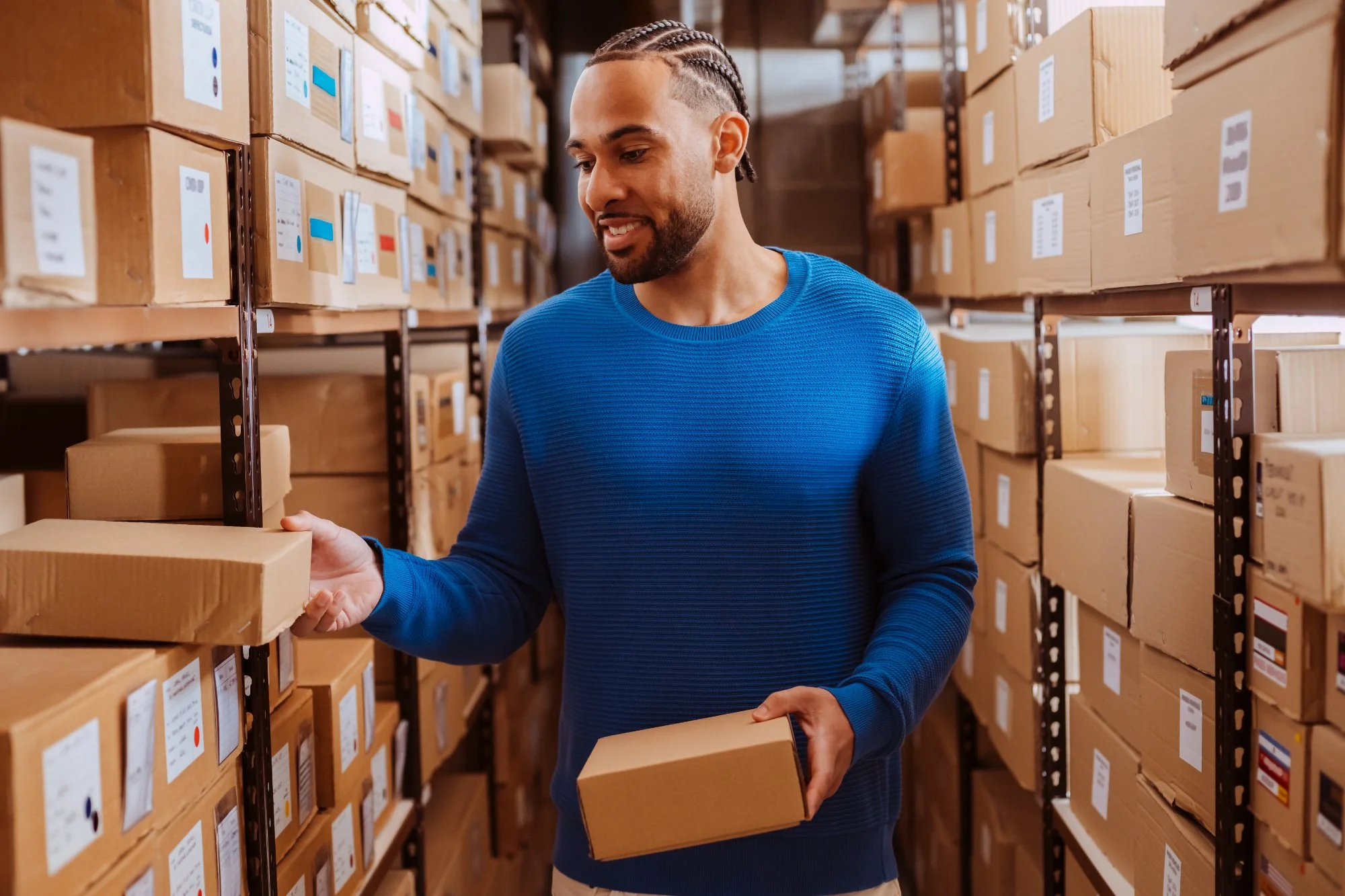 Warehouse worker checking inventory and picking up a parcel box for an online marketplace order