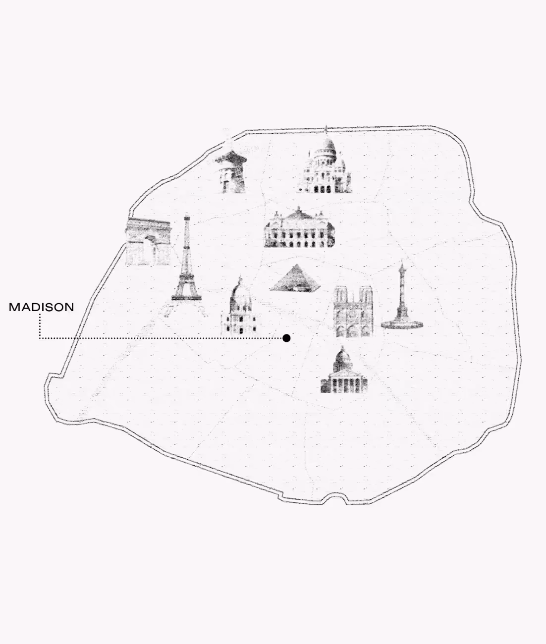 Carte stylisée de Paris avec des illustrations de monuments célèbres et un point indiquant l'emplacement de Madison. - Hôtel Madison