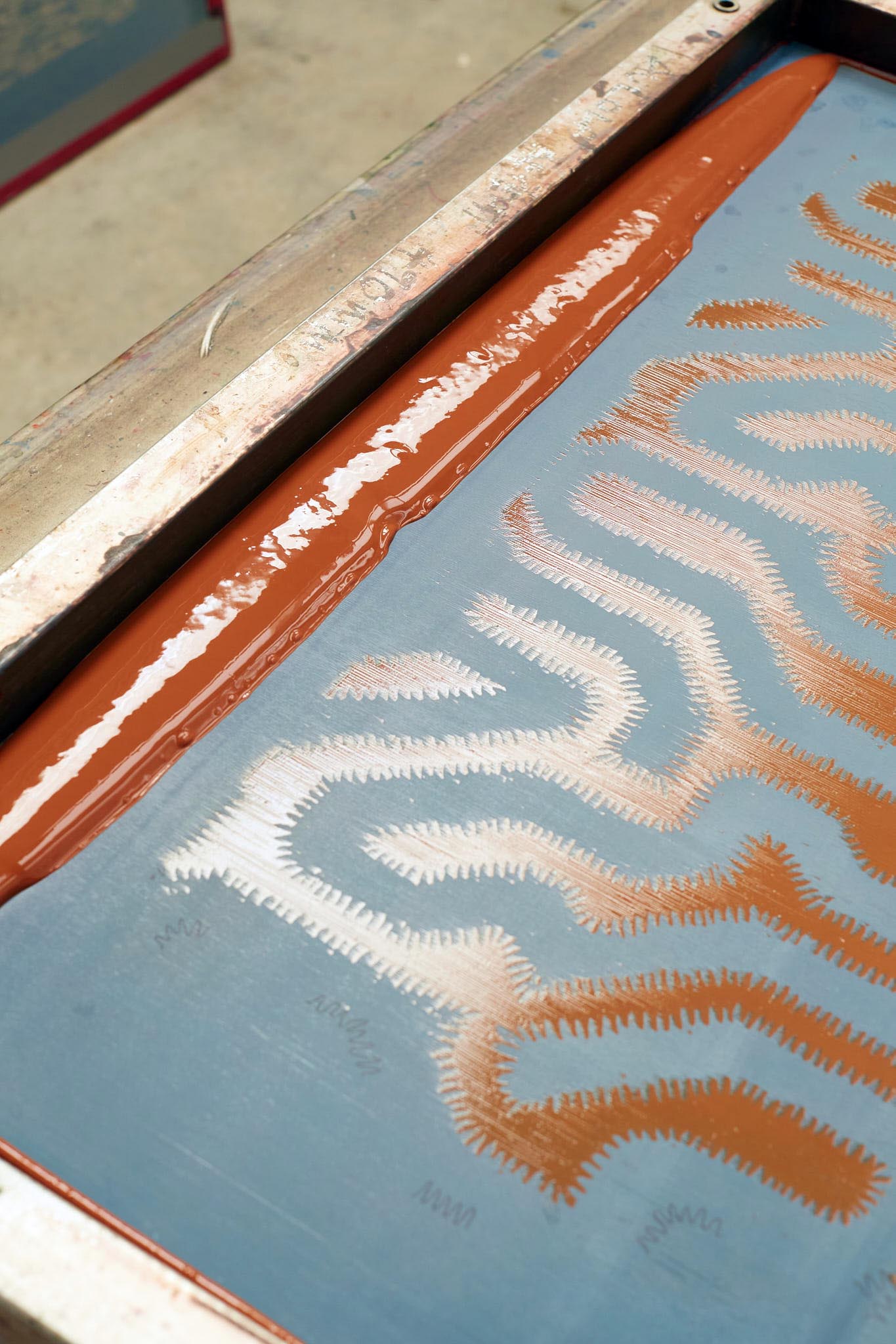 Rapture and Wright blue silk screen print with burnt orange colour dye 