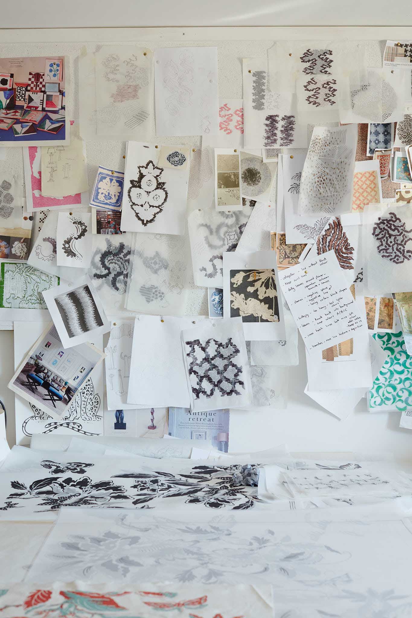 Rapture and Wright notice board covered with fabric cuttings and images 