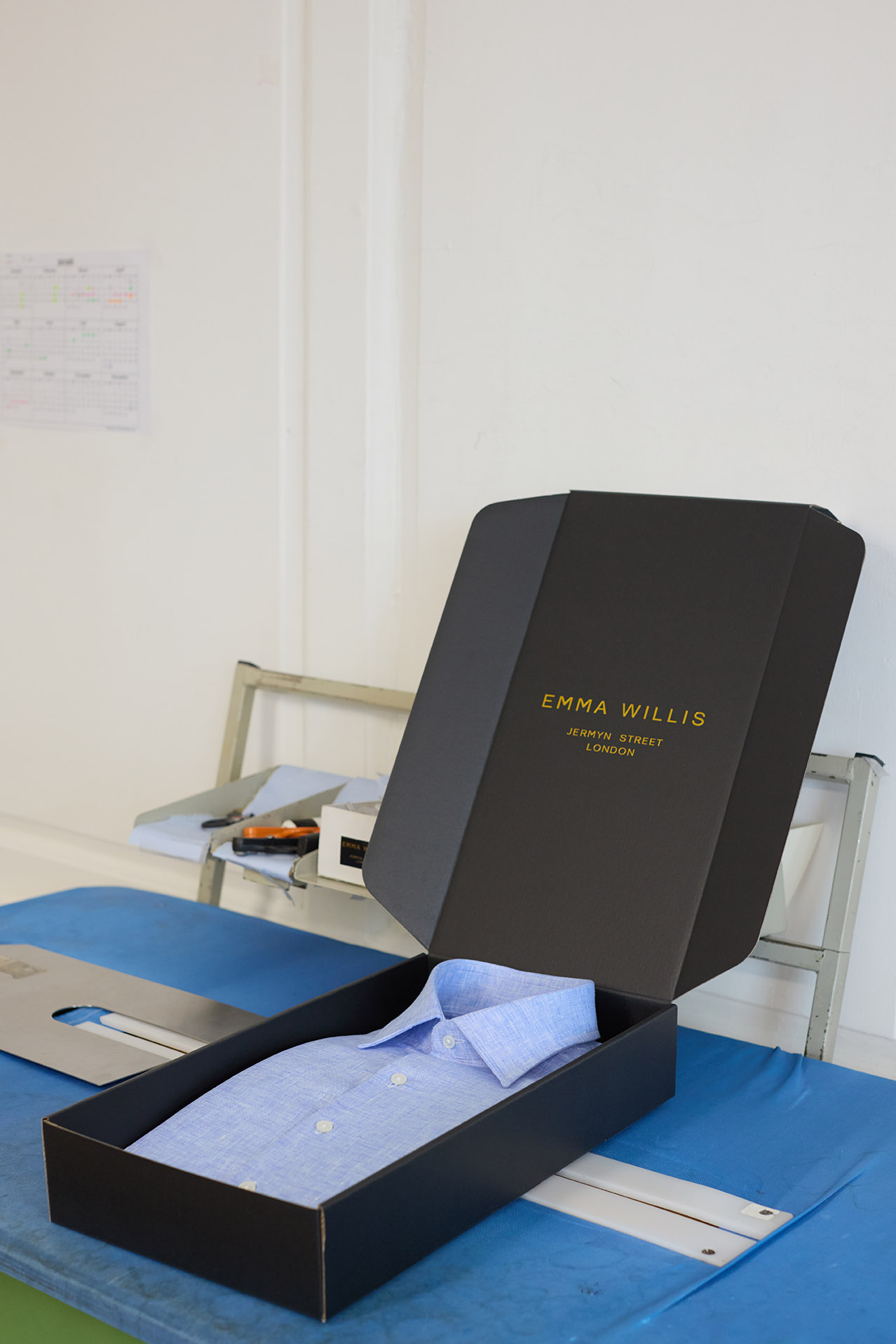 Emma Willis bespoke tailoring blue shirt folded carefully in branded box
