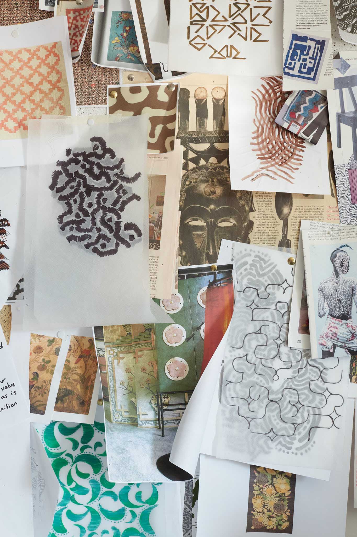 Rapture and Wright notice board covered in images and fabric cuttings 