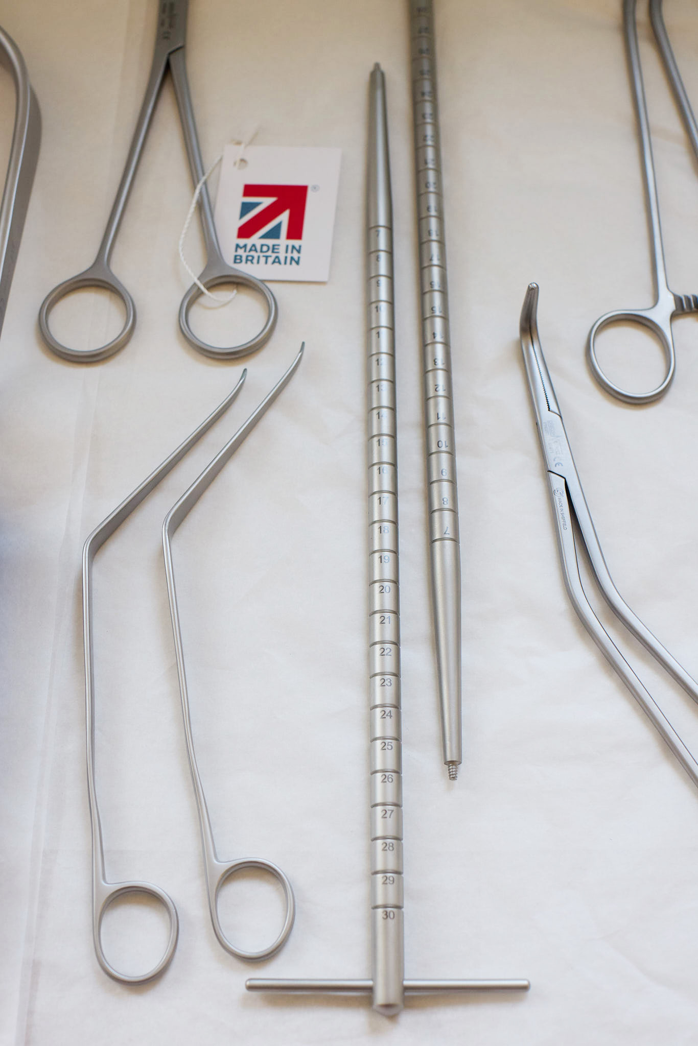 Platts and Nisbett selection of stainless steel tools on tray hand made 