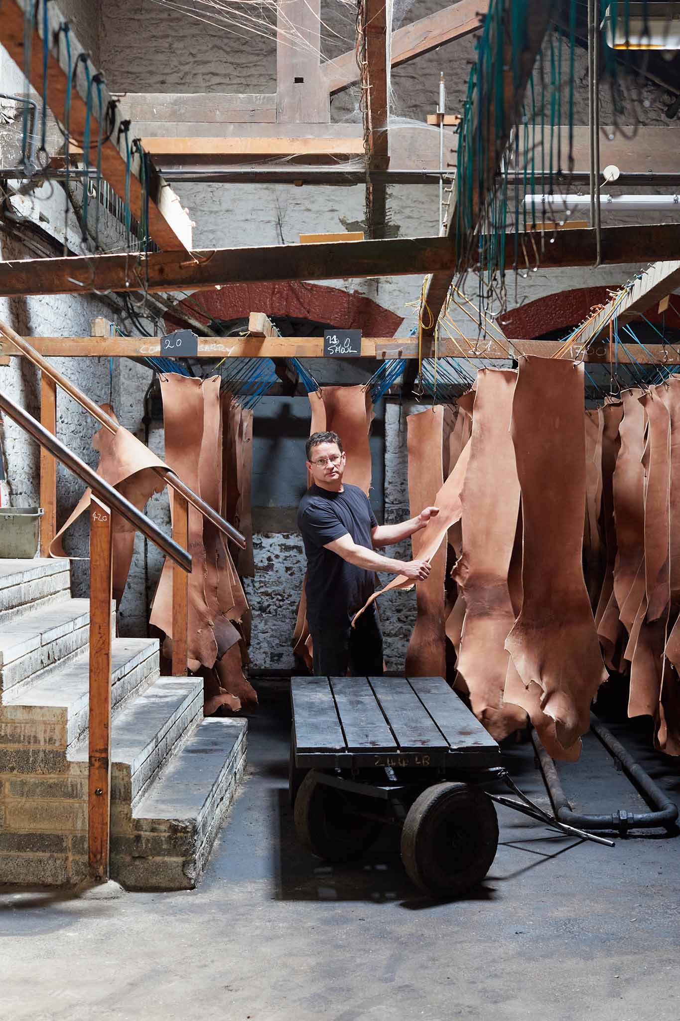 Thomas Ware and Sons leather in factory being hung and dried
