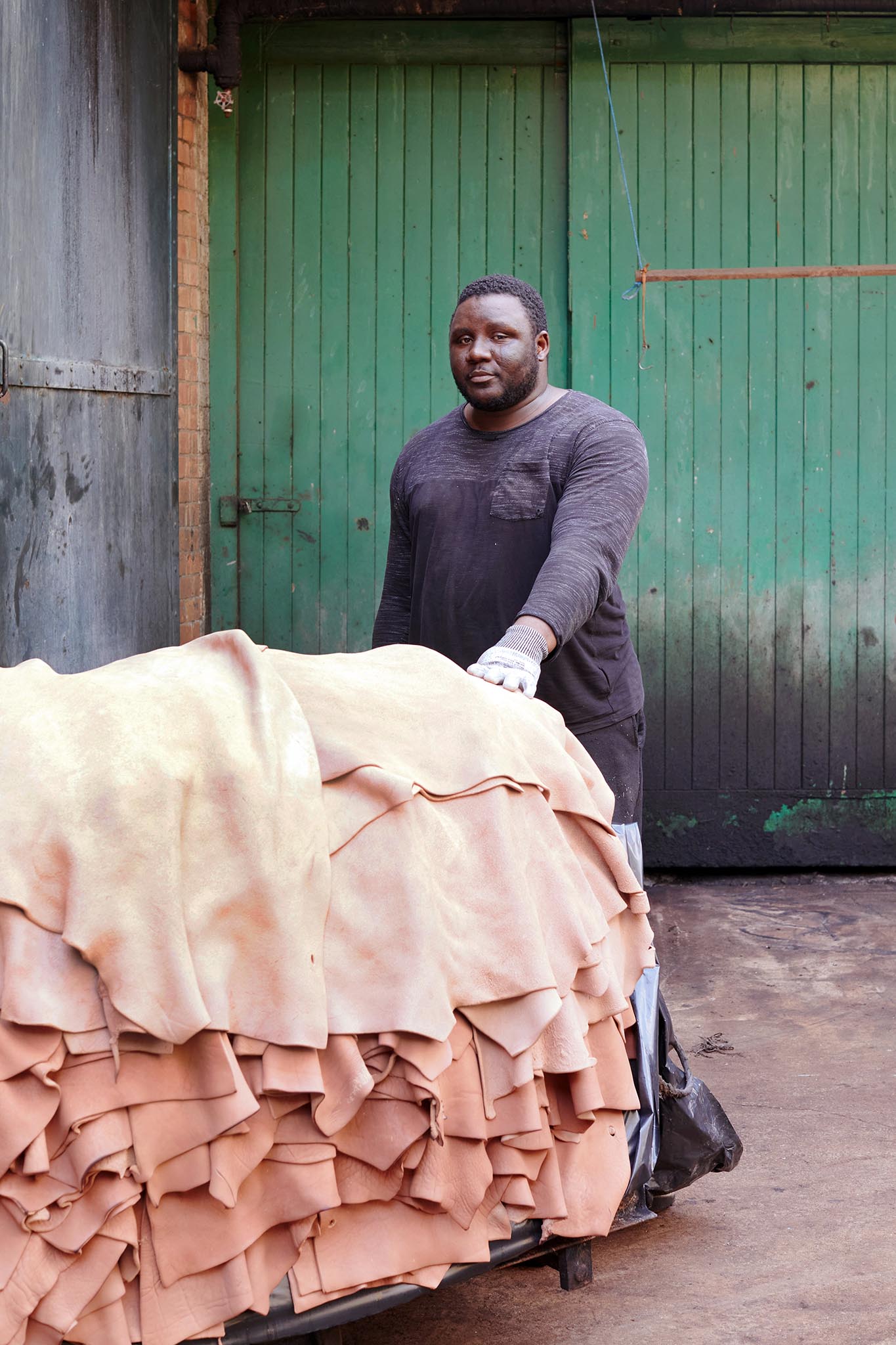 Thomas Ware and Sons worker in front of large green door pushing trolley of pile of hides 
