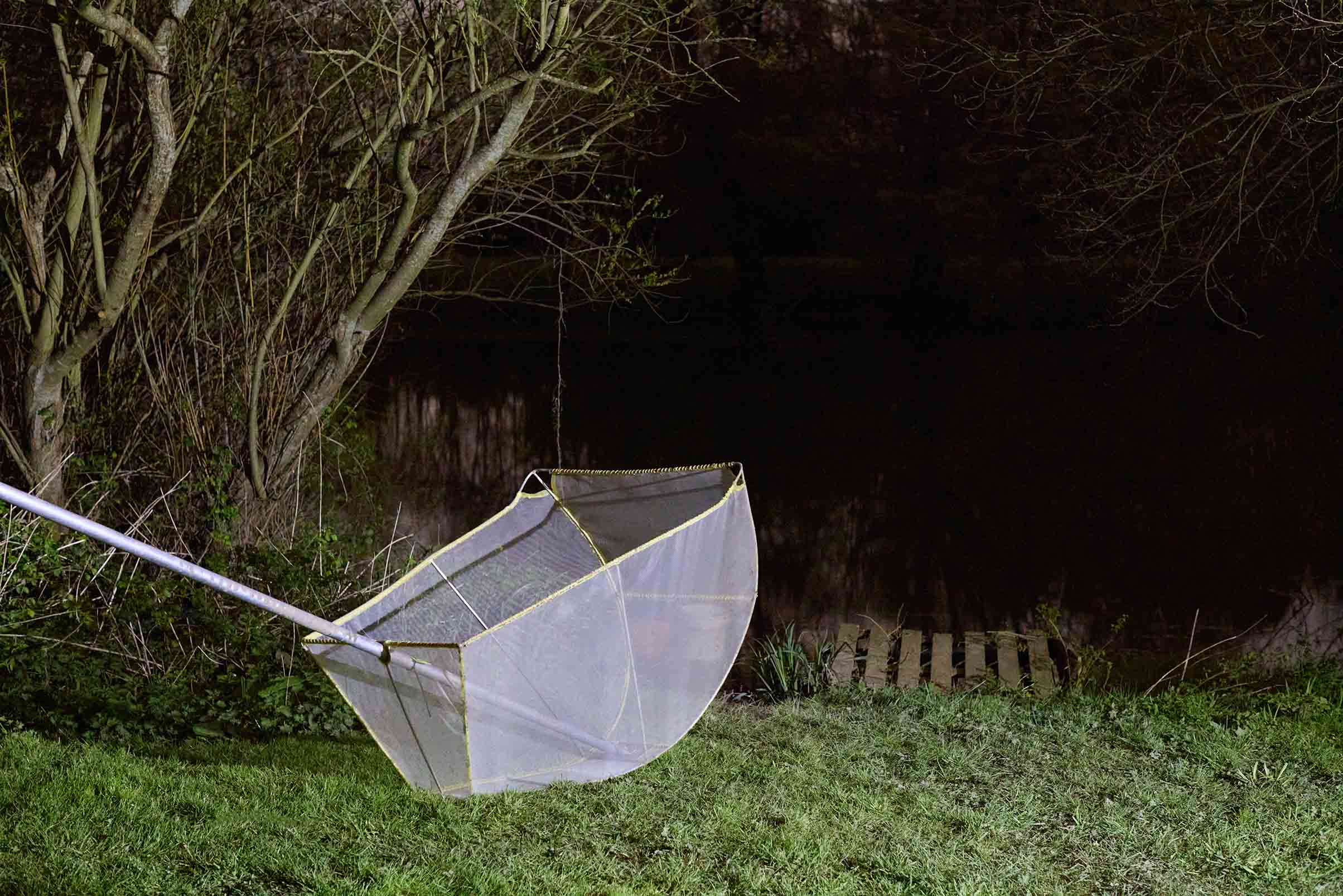 uk glass eels large white net night time image grass and water