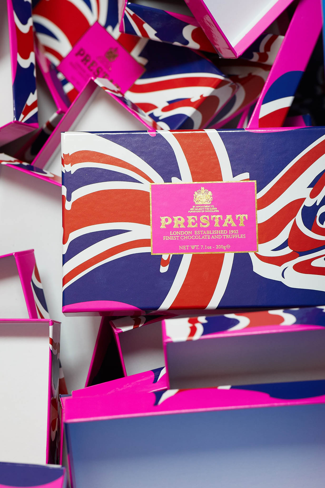 prestat chocolates box wrapped with union flag paper red white and blue pink label