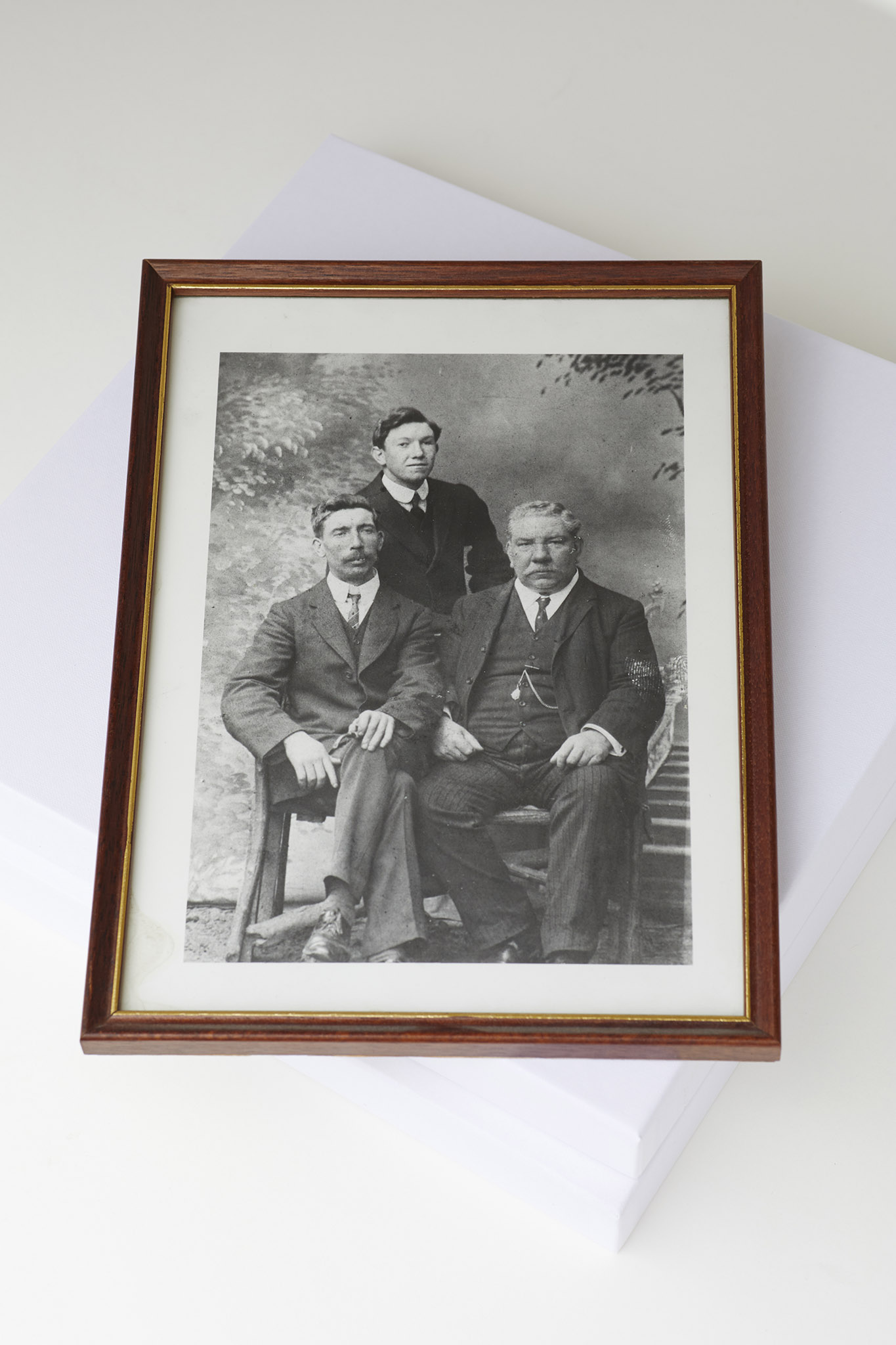 W MacCarthy & Sons black and white historic photograph of three men in suit two are sitting and one standing behind