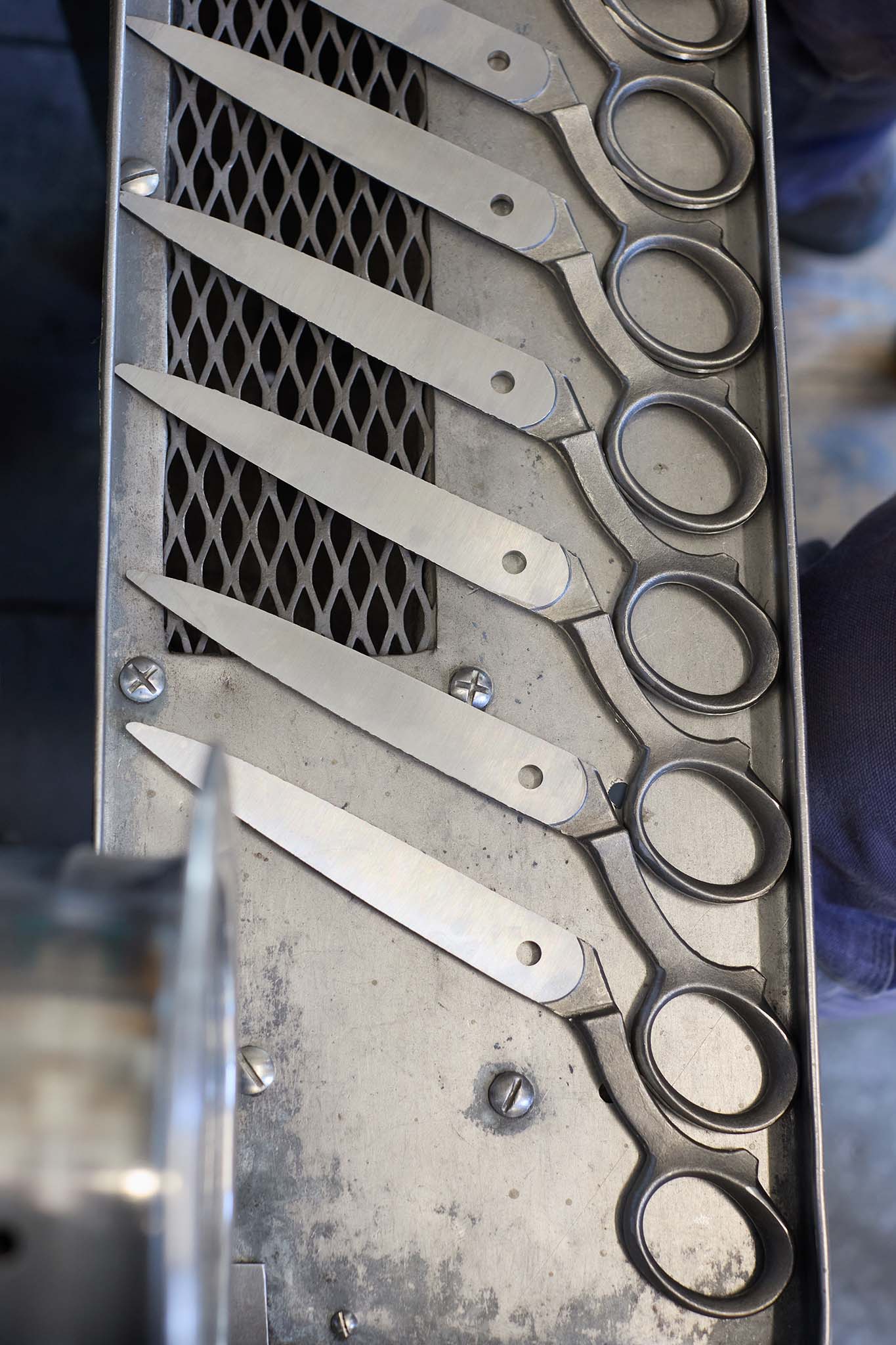Ernest Wright metal tray of incomplete scissors blades