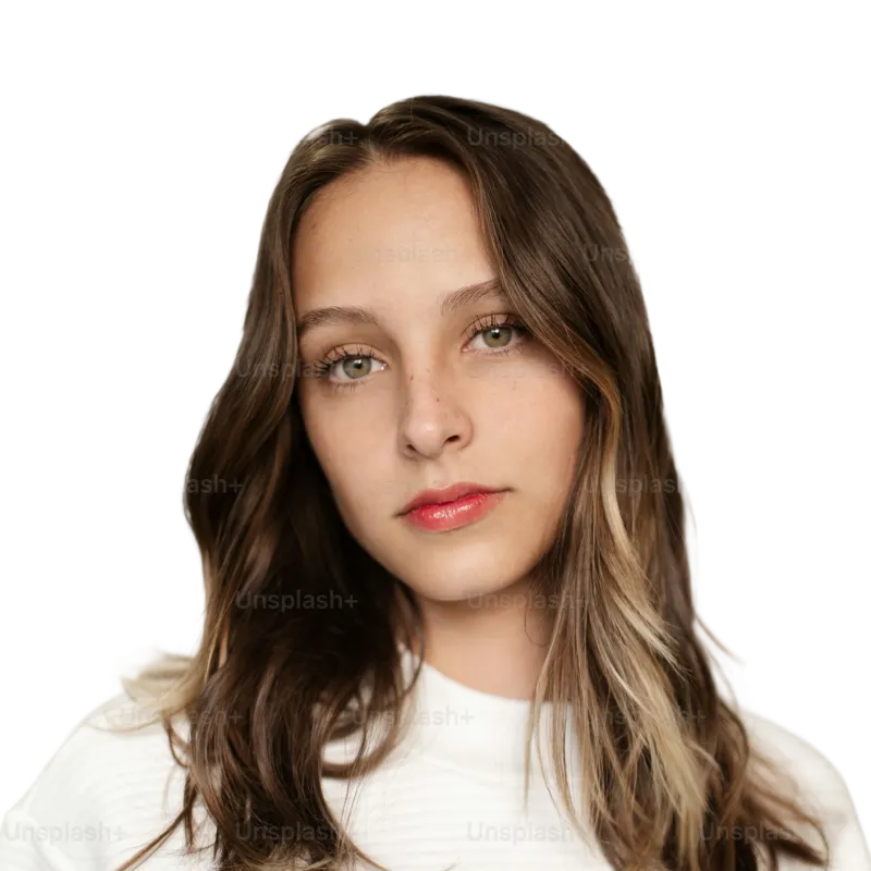 Young woman with light brown hair and green eyes wearing a white top against a transparent background.
