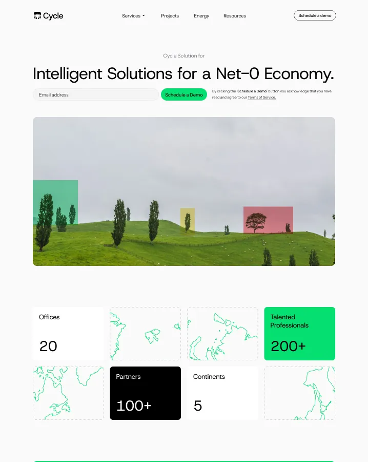 Website header for Cycle showing navigation menu, email input with 'Schedule a Demo' button, slogan 'Intelligent Solutions for a Net–0 Economy,' a landscape image with color-coded overlays, and statistics on offices, partners, continents, and professionals.