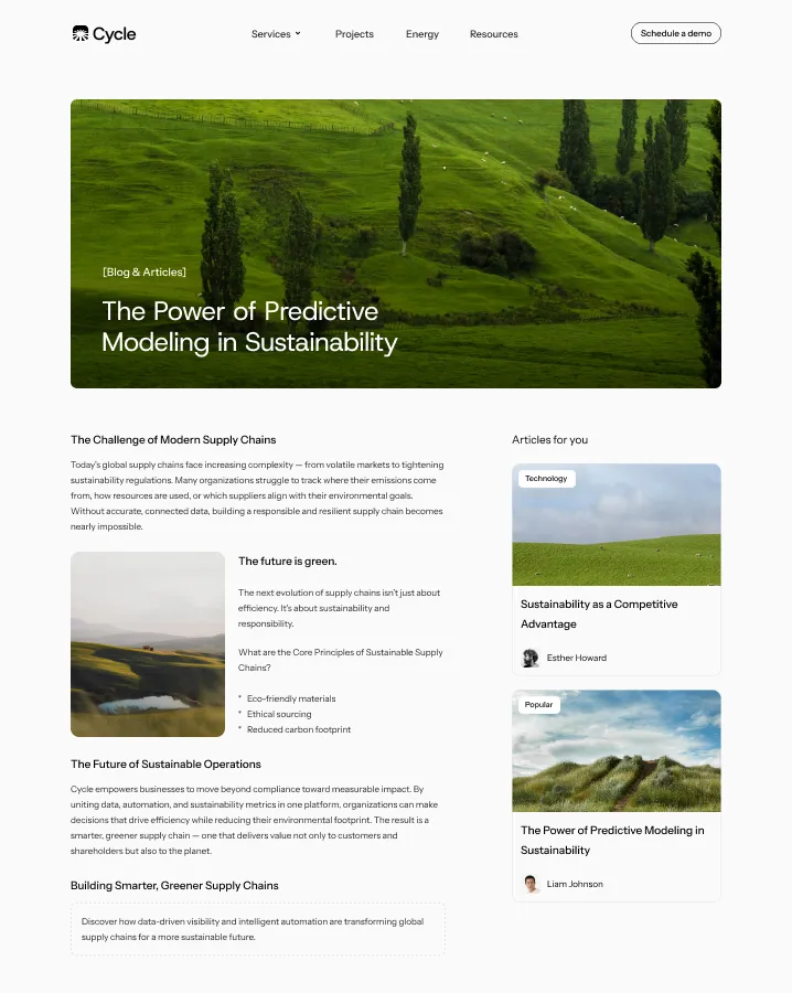 Website homepage for Cycle featuring sustainability-focused content, including articles on predictive modeling and supply chain challenges with images of green landscapes.