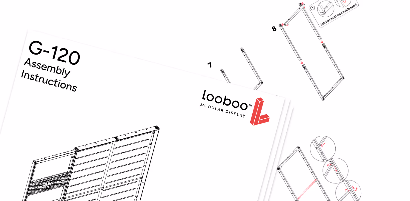 Looboo G-120 modular display assembly instructions with technical diagrams and part labels.