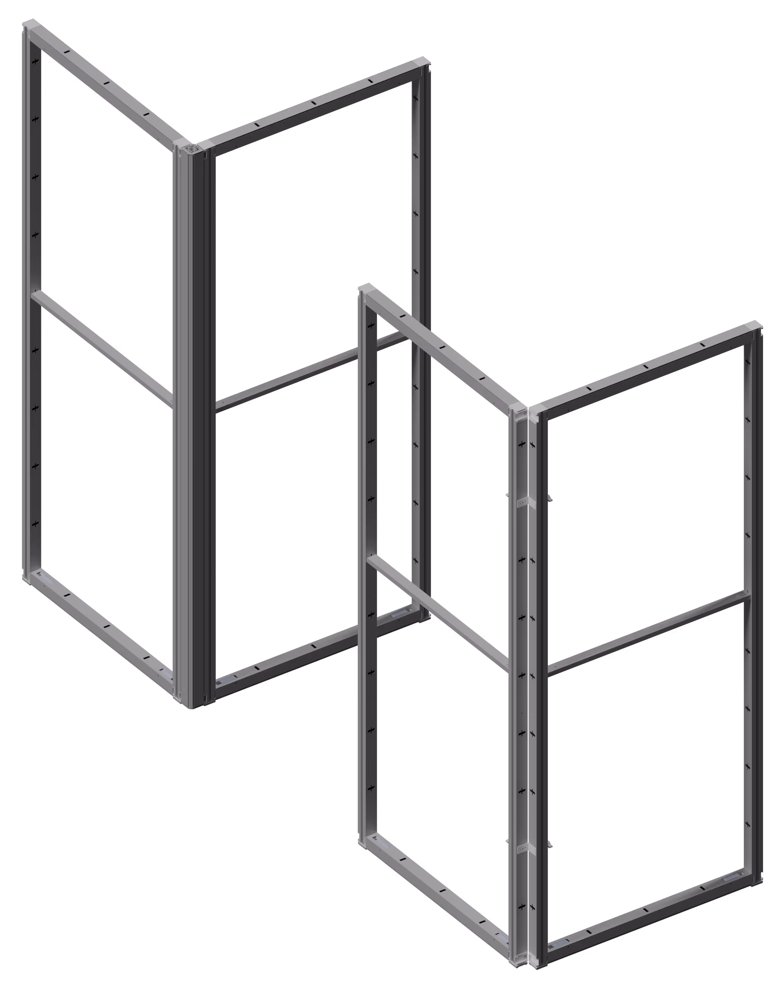 3D rendering of two metal frame connector structures with the Corner Profile and L-Connector returns assembled side by side.