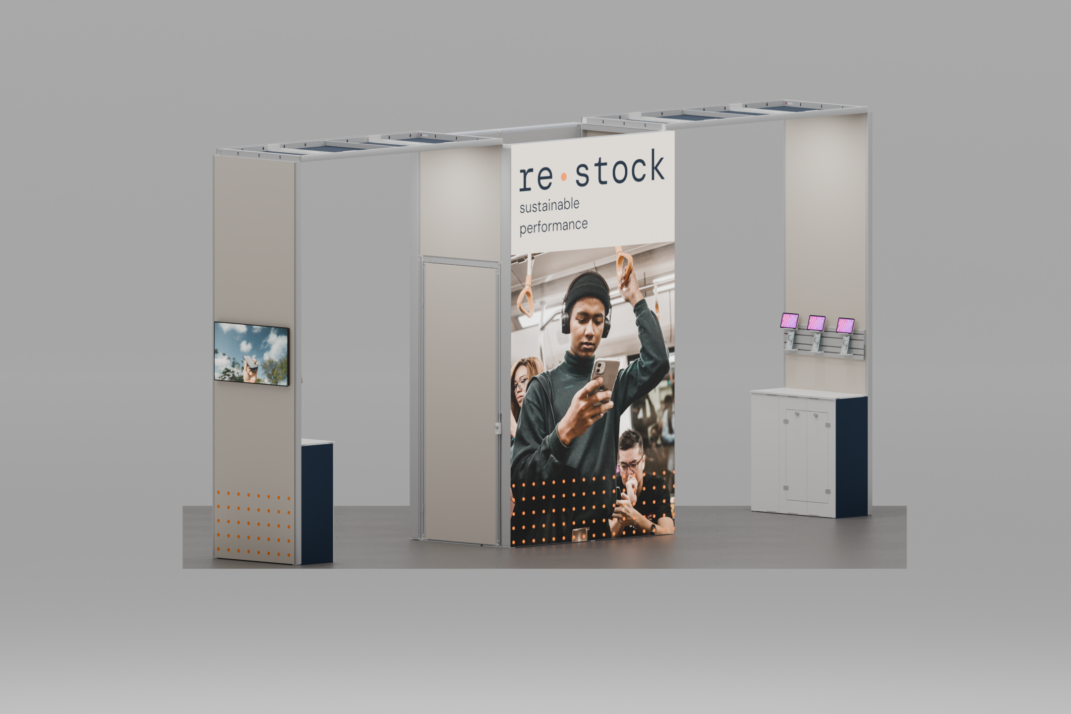 A large trade-show display with backlit sections and overhanging bridges.