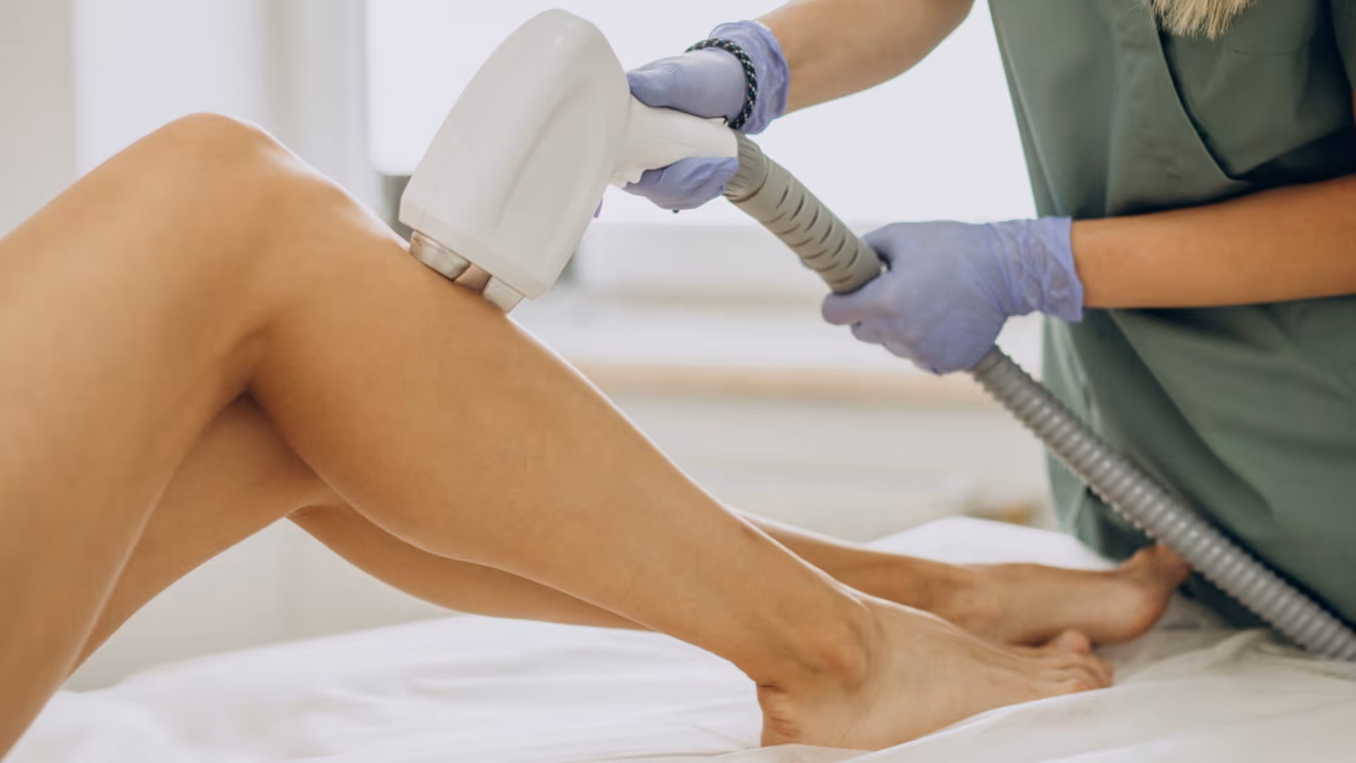 Praticienne en tenue verte appliquant un dispositif d'épilation laser blanc sur la jambe d'une patiente allongée, mains gantées bleues, en cabinet